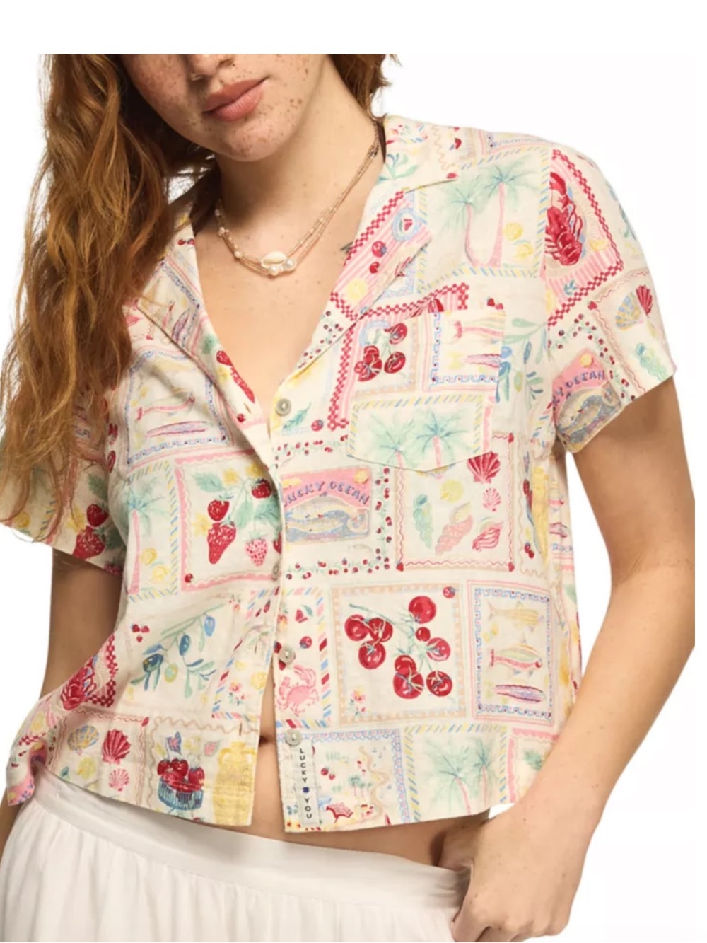 Lucky Brand Printed Linen Camp Shirt in Pink Postcard Size XL NEW